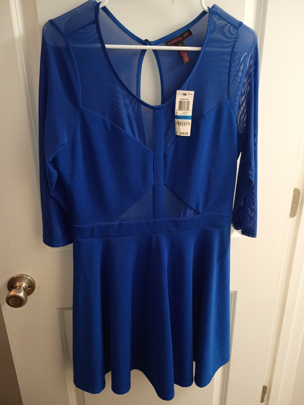 Material Girl Blue Mesh Fit & Flare Long Sleeve Dress